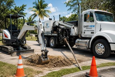 Construction vehicles performing directional boring on a street.