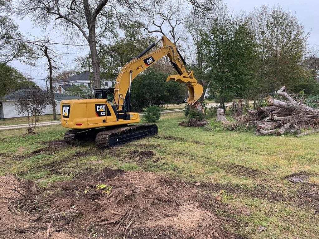 Excavator assisting in tree removal