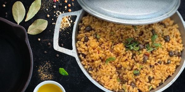 Cooked rice and beans in a pot.
