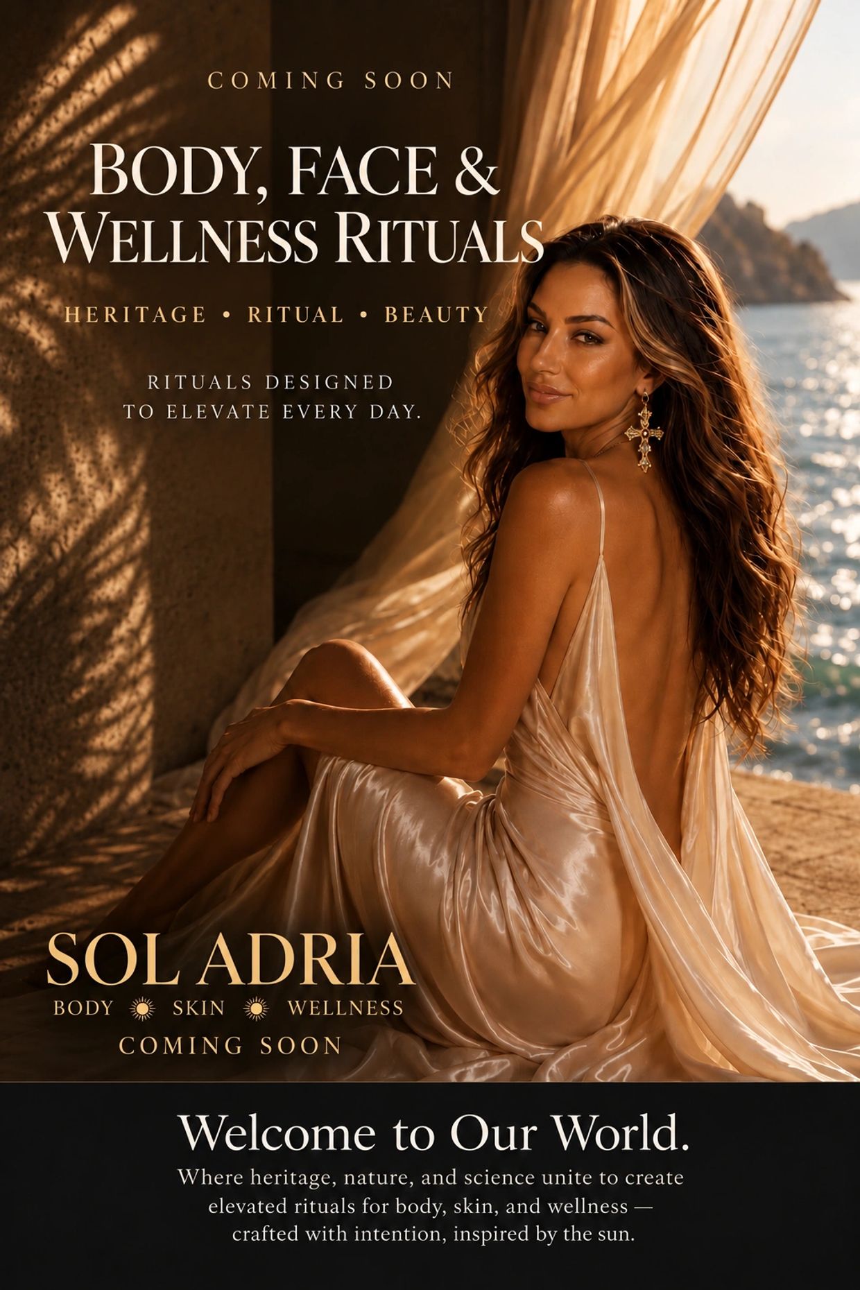 Elegant wellness ritual advertisement featuring a woman by the sea.