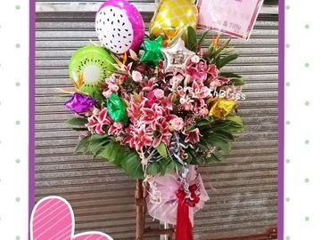 粉紅百合,粉紅玫瑰,粉紅星花,金屬氣球花束