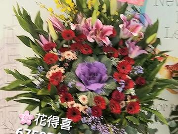 粉百合花,葉牡丹,太陽菊,玫瑰,開張花籃