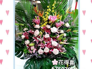 大朵玫瑰花,百合花,跳舞蘭,天堂鳥,開張花籃