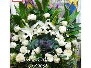 白玫瑰,白百合,葉牡丹,白菊,帛事花籃 ,白事花籃