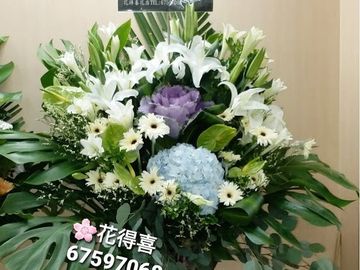 白色百合花,白色太陽菊,葉牡丹,藍色繡球,綠掌,帛事花籃 ,白事花籃