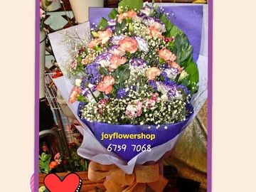 花黃康乃馨,紫白桔梗,白色星花,石竹花,無忘我,康乃馨,康乃馨花束,母親節花束