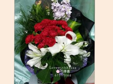紅色,康乃馨,白百合,淺紫,麝香,露筍草,巴西葉,康乃馨花束,母親節花束