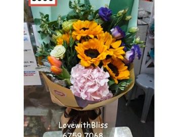 向日葵,粉繡球花,桔梗花,葉上花