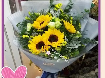 向日葵,露筍草,黃色毋忘我,尤加利葉,綠桔梗