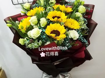 向日葵,綠色桔梗,葉上花,藍色星花