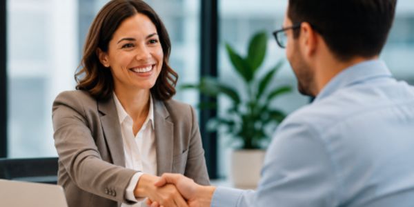 Two professionals shaking hands in an office.