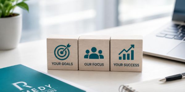 Wooden blocks with business success messages on a desk.
