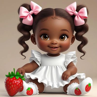 Custom African American baby wearing white. Has two pig tails with pink ribbons. Berries on socks