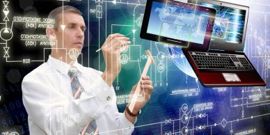 Engineer interacting with virtual tech and digital devices in futuristic workspace.