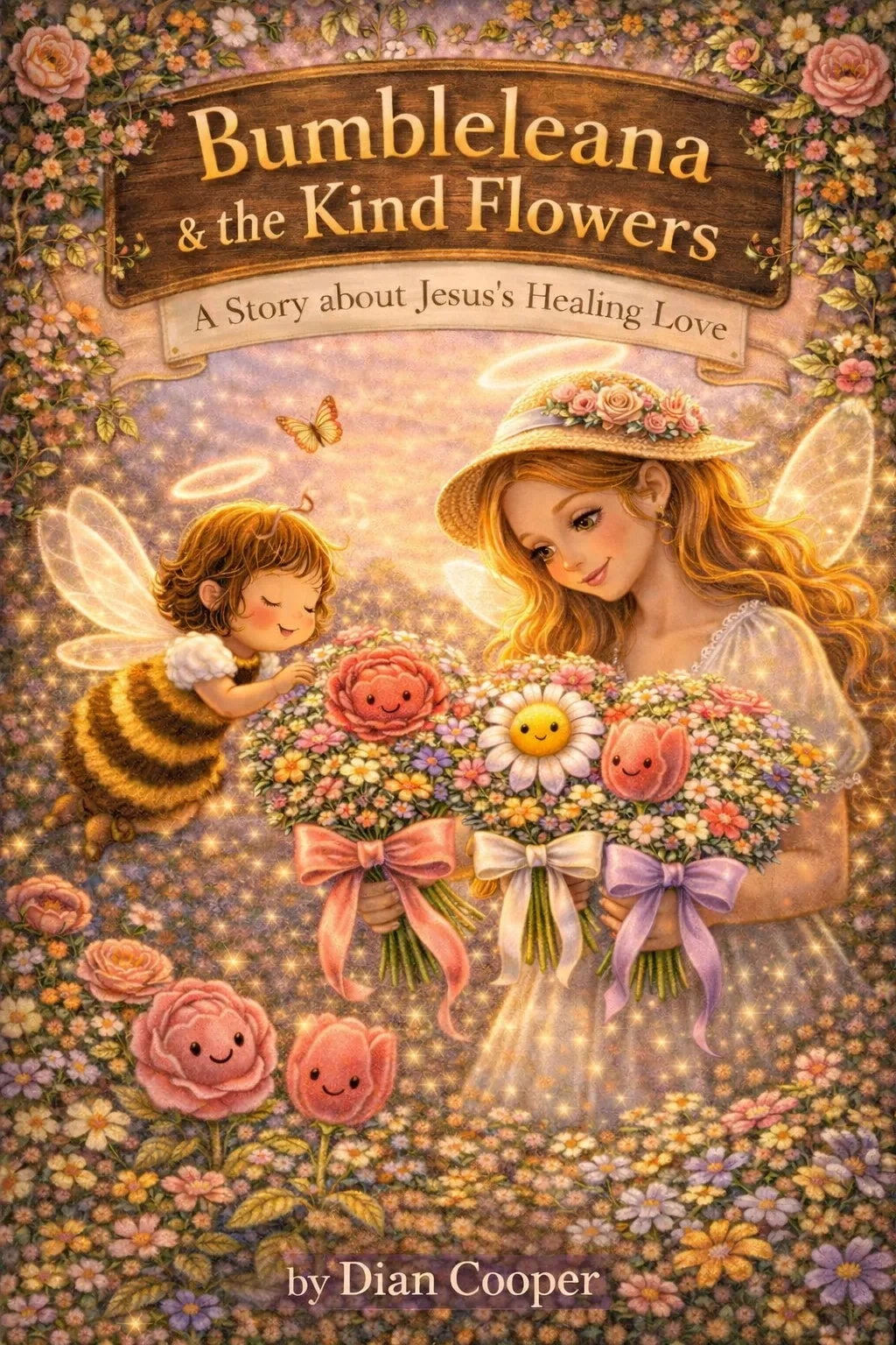 Whimsical cover of 'Bumbleleana & the Kind Flowers' showcasing angelic characters with smiling flowers.