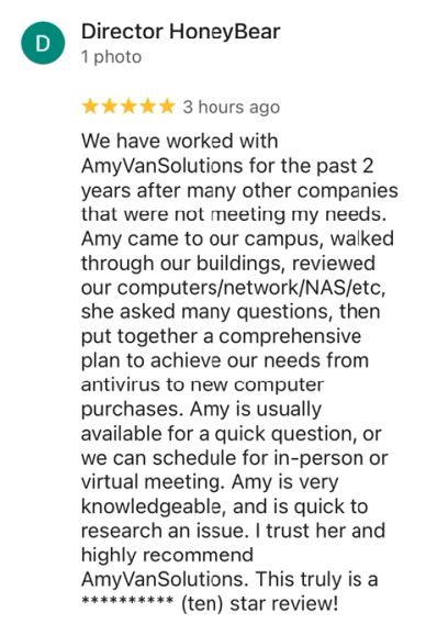 Positive customer review praising AmyVanSolutions' comprehensive IT services and support.