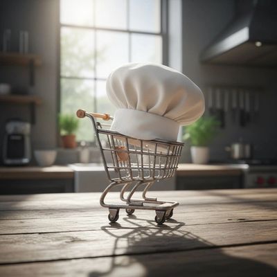 A chef's hat in a miniature shopping cart on a kitchen table.