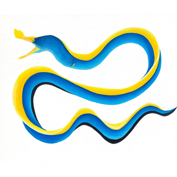 Abstract blue and yellow serpent-like creature with a stylized open mouth on a white background.