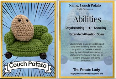 A crocheted couch potato character on a green couch with its abilities listed.