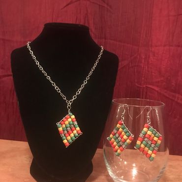 Rasta Colours Neckglace and earring Diamond Shaped