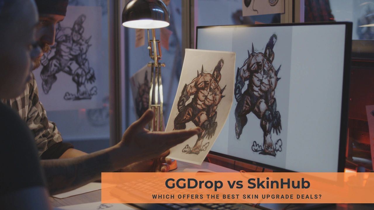Artists compare character skin design sketches to digital versions on a computer.