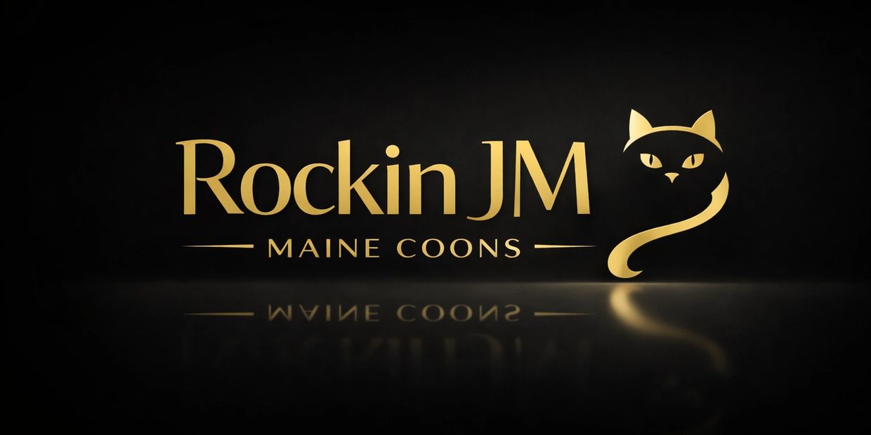 Elegant gold logo for Rockin JM Maine Coons with a stylized cat design on black.