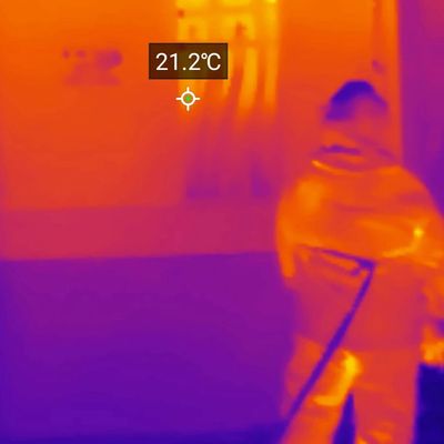 Thermal image showing a person and a temperature reading of 21.2°C.