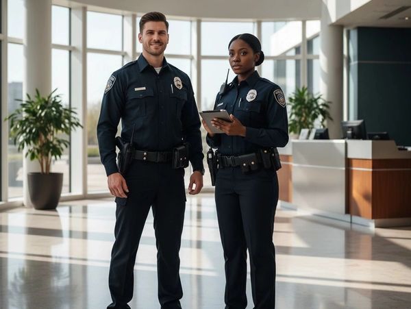Two police officers stand confidently in a modern office lobby.