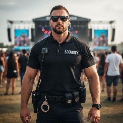 Security guard in black uniform at an outdoor event.