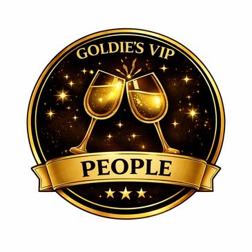 Goldie's VIP People logo with two golden clinking glasses and stars.