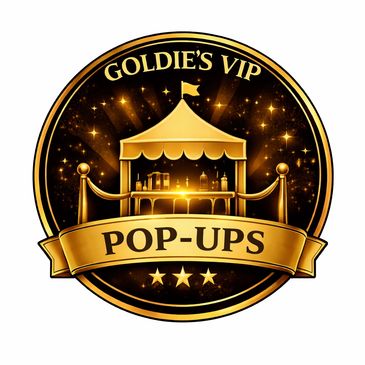 Goldie's VIP Pop-Ups golden logo with a tent and stars.
