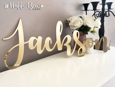 large gold mirror acrylic laser cut personalised children's bedroom decor wall door script name