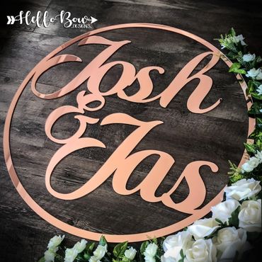 personalised Rose Gold Mirror Acrylic name hoop laser cut wedding engagement elegant backdrop sign