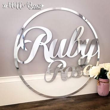 silver mirrored acrylic personalised hoop name sign wall hanging decor party sign