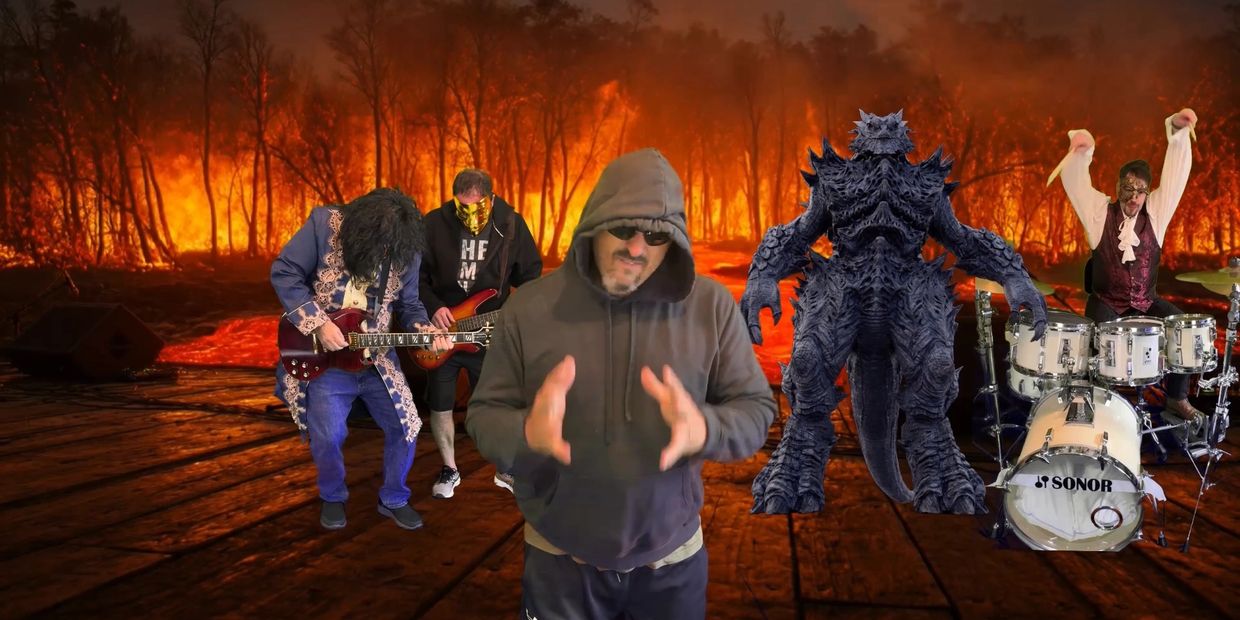 Band performing with a fiery, apocalyptic forest background and a monster figure.