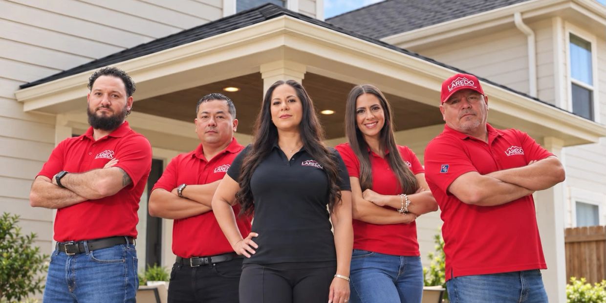 Team of professionals in red and black uniforms posing confidently outdoors.