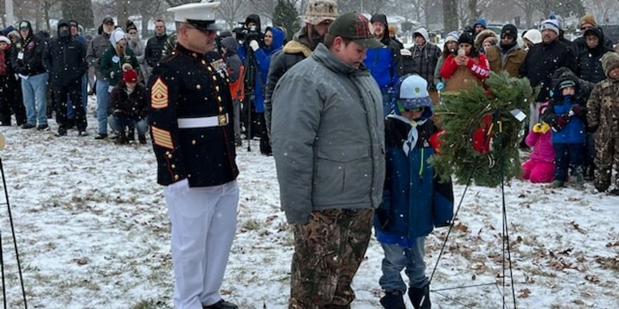 1stSgt Samuel "Sam" Alameda, USMC Ret. Presents the Wreath at the Wreaths Across America ceremony.