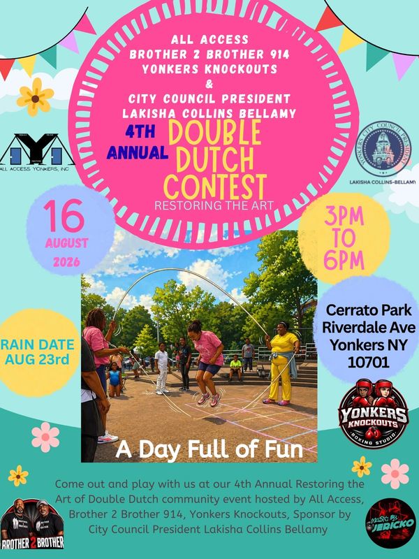 Flyer for 4th Annual Double Dutch Contest in Yonkers on August 16, 2026.