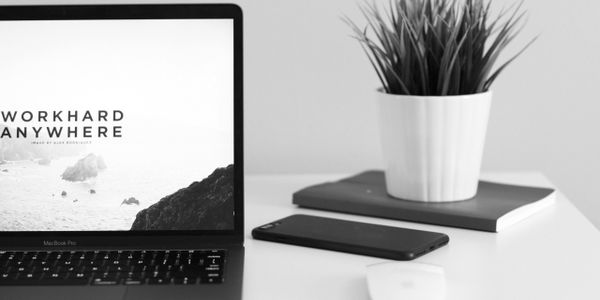 An open laptop with a slogan work hard anywhere on a white desk next to a small plant.