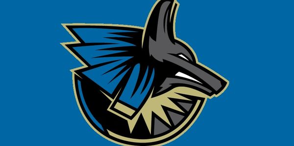 Stylized wolf head logo with blue and black colors.