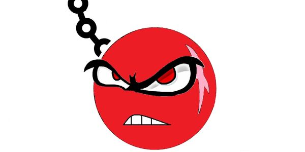Angry red wrecking ball cartoon with intense eyes and chain.
