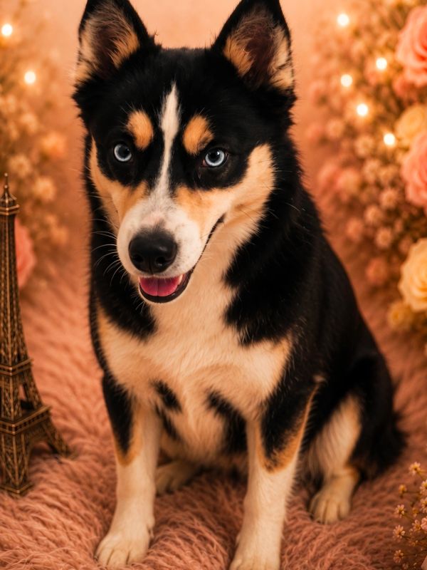 Black, white, and tan dog with blue eyes sitting on a textured surface.