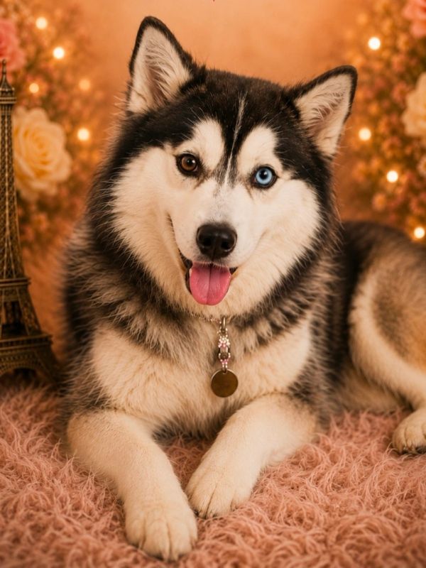 A husky with heterochromia lying on a soft carpet.