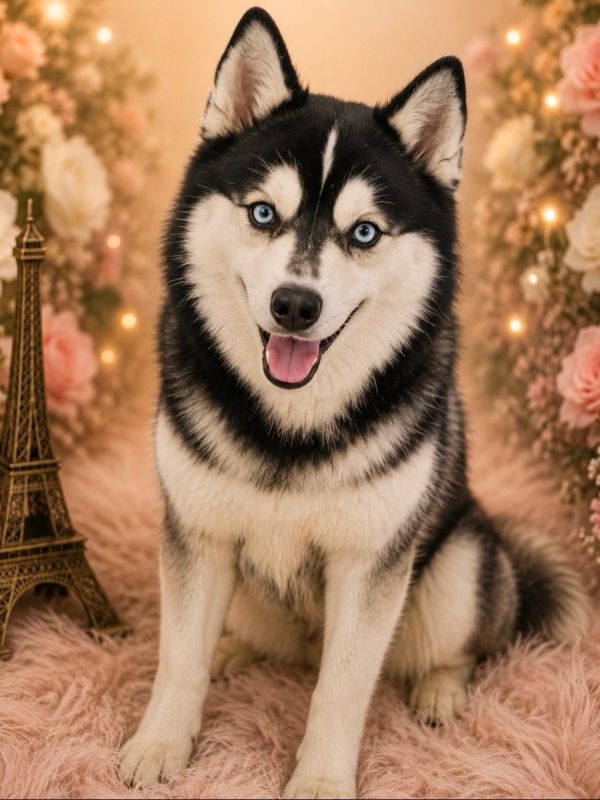 Happy Siberian Husky with blue eyes on a fluffy pink surface.