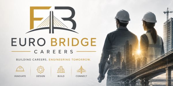Two engineers overlooking a cityscape with Euro Bridge Careers logo and tagline.