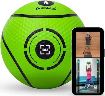 Green DribbleUp smart basketball with app showing workout guidance.