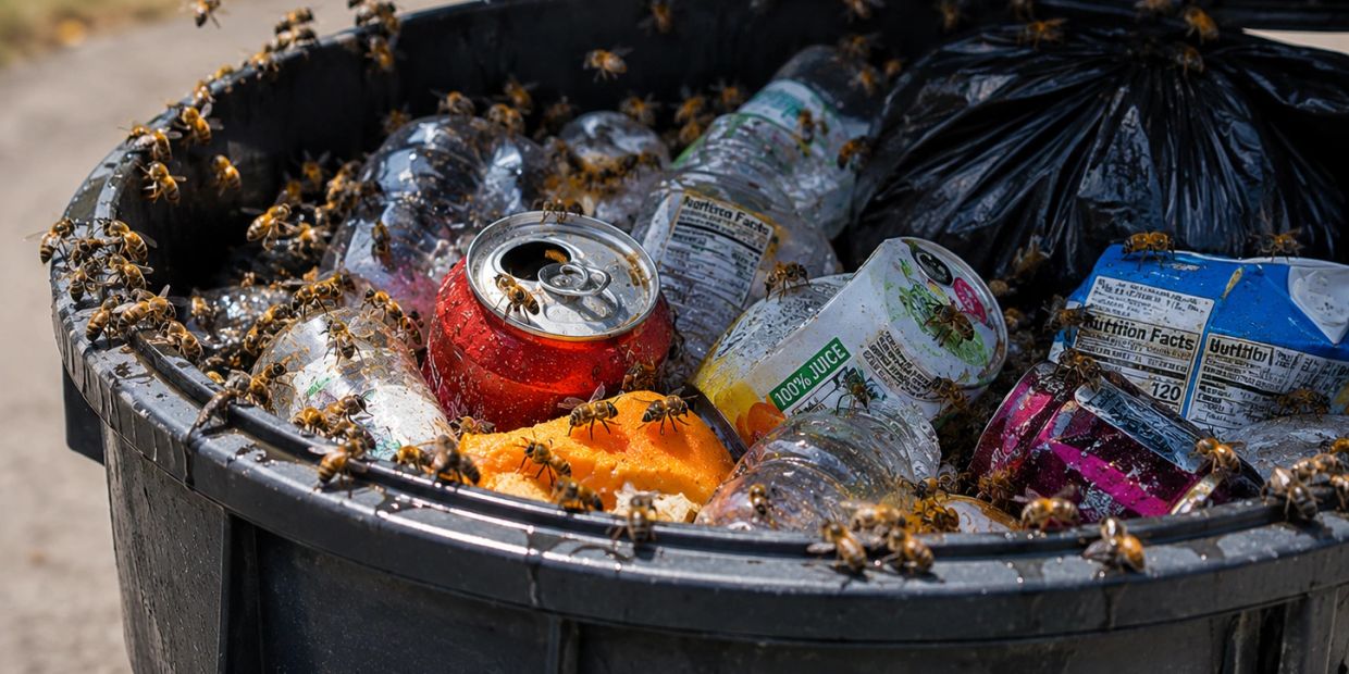 Bees swarm a trash bin filled with plastic bottles and cans.