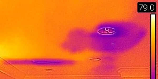 An infrared scan of a bedroom ceiling showing moisture from possible water infiltration on the roof