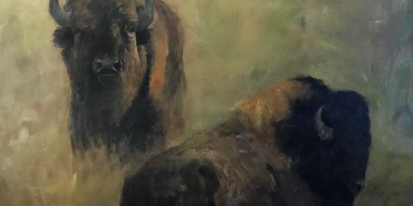 Painting of two bison in natural tones.