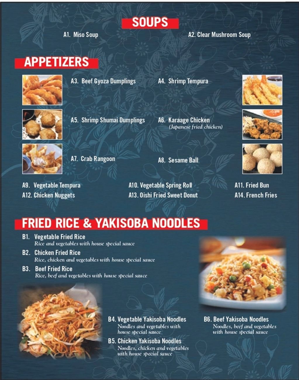 Lunch Selections: Soups, Appetizers, Fried Rice & Yakisoba Noodles